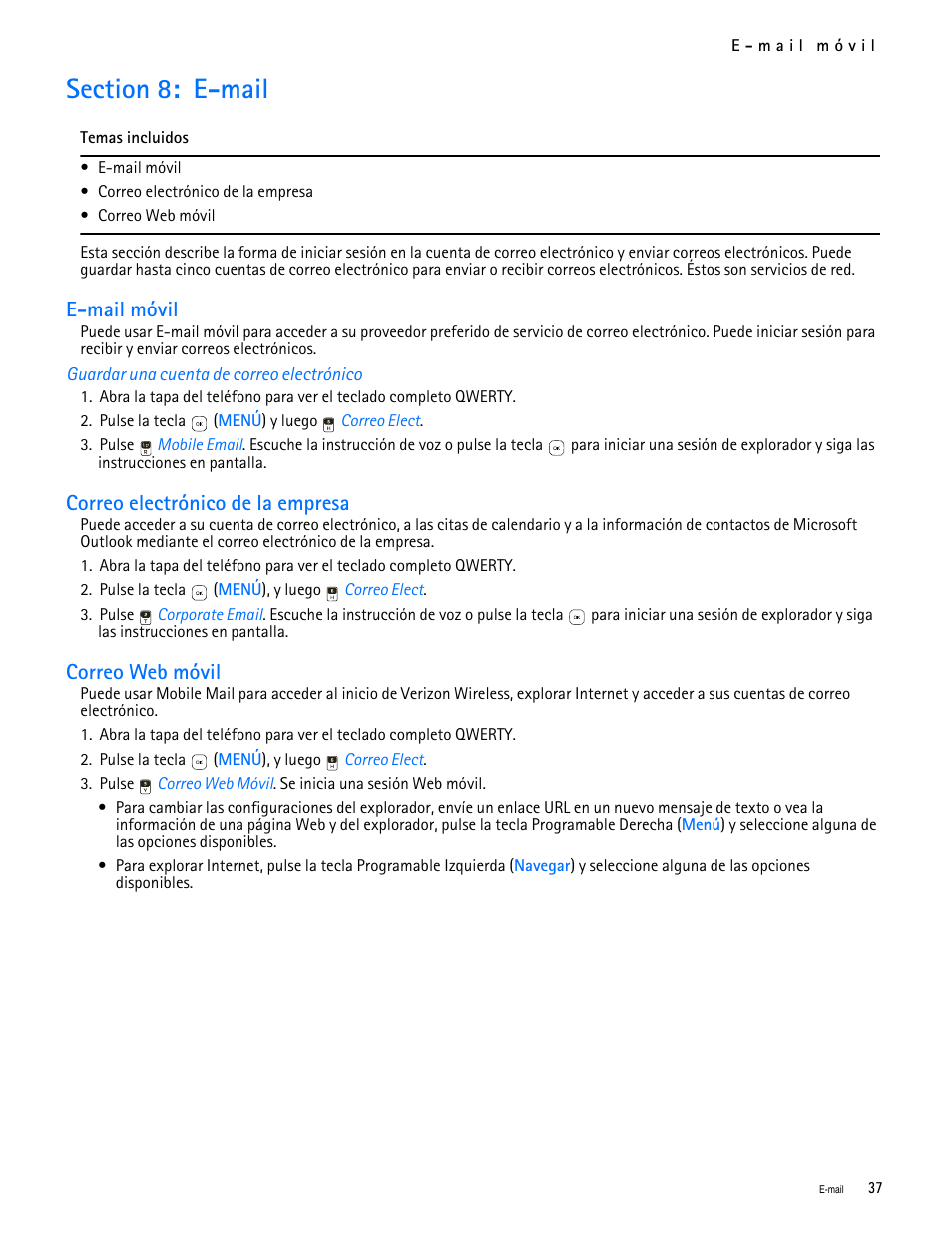 Title - section 8: e-mail, Title - e-mail móvil, Title - guardar una cuenta de correo electrónico | Title - correo electrónico de la empresa, Title - correo web móvil, Section 8: e-mail, E-mail móvil, Correo electrónico de la empresa, Correo web móvil | Nokia 7705 Twist User Manual | Page 99 / 125