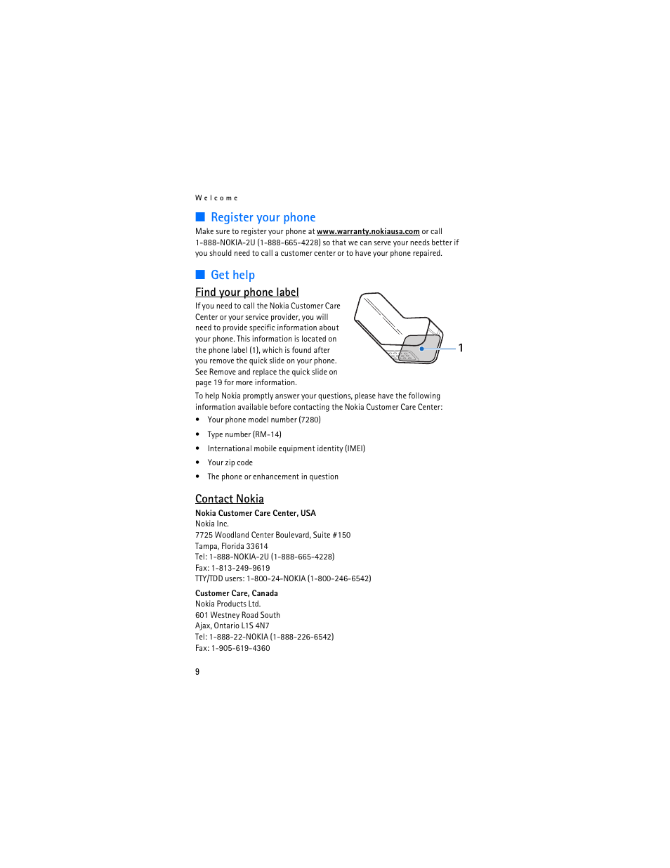 Register your phone, Get help, Find your phone label | Contact nokia | Nokia 7280 User Manual | Page 10 / 105
