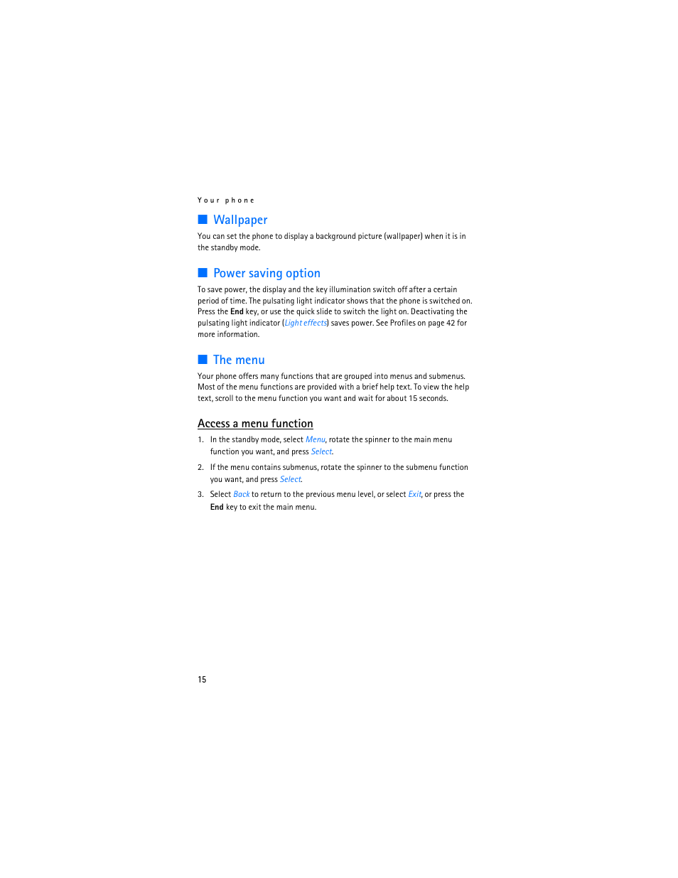 Wallpaper, Power saving option, The menu | Access a menu function | Nokia 7280 User Manual | Page 16 / 105