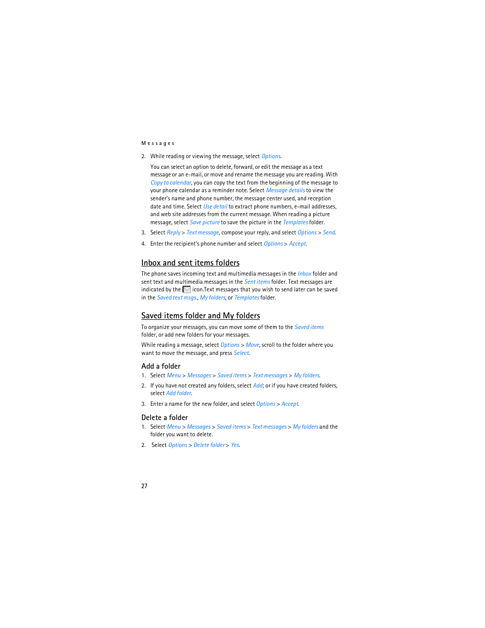 Inbox and sent items folders, Saved items folder and my folders | Nokia 7280 User Manual | Page 28 / 105