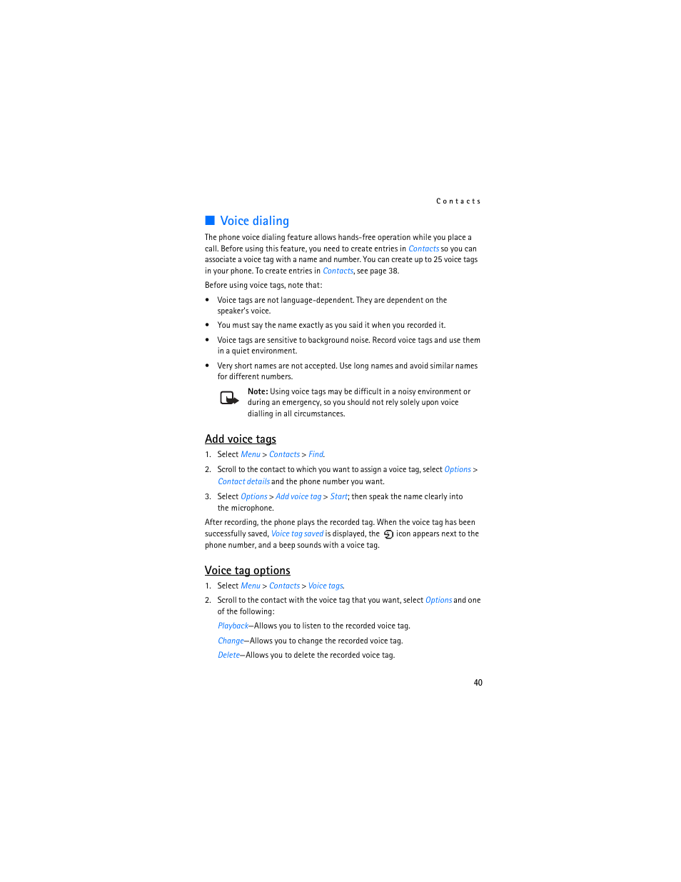 Ee voice dialing, Voice dialing, Add voice tags | Voice tag options | Nokia 7280 User Manual | Page 41 / 105
