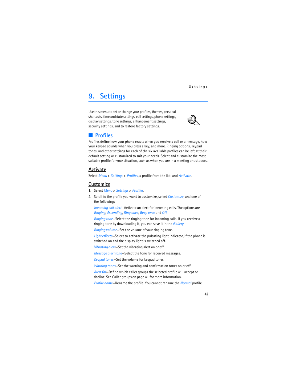 Settings, Profiles, Activate | Customize | Nokia 7280 User Manual | Page 43 / 105