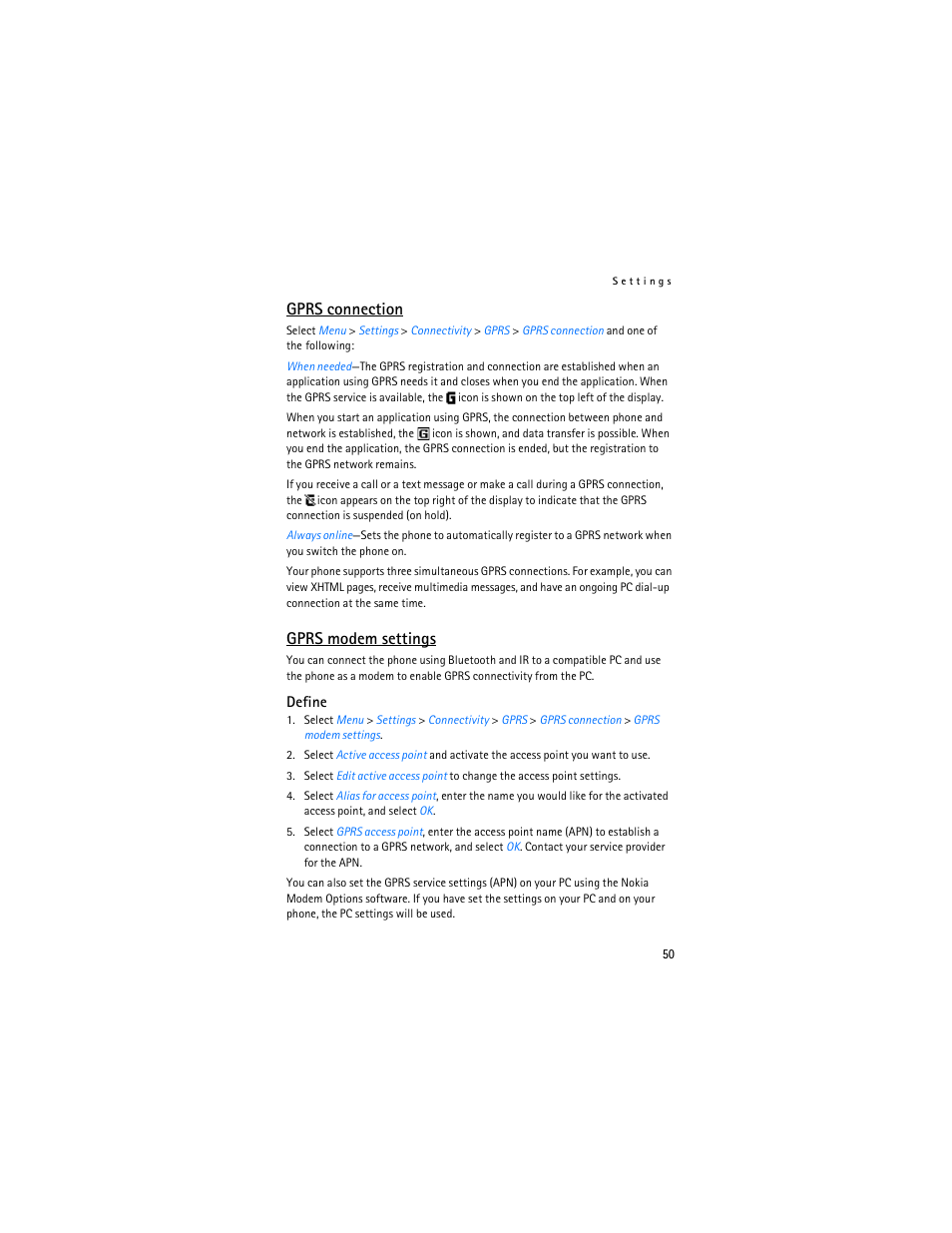 Gprs connection, Gprs modem settings | Nokia 7280 User Manual | Page 51 / 105