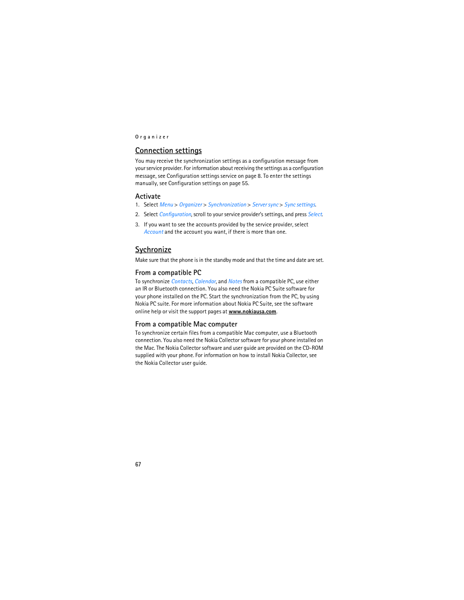 Connection settings, Sychronize | Nokia 7280 User Manual | Page 68 / 105