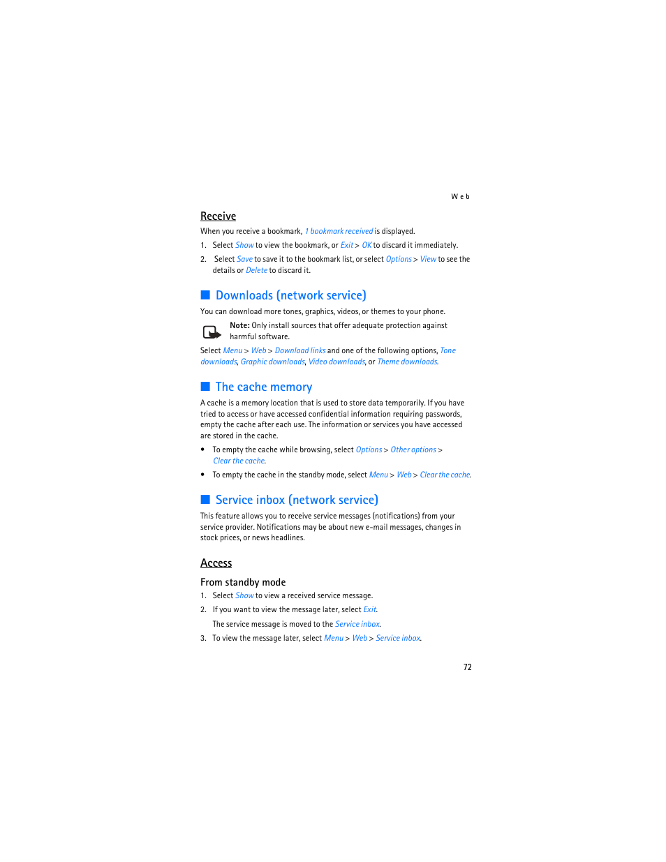 Downloads (network service), Service inbox (network service), Receive | Access | Nokia 7280 User Manual | Page 73 / 105