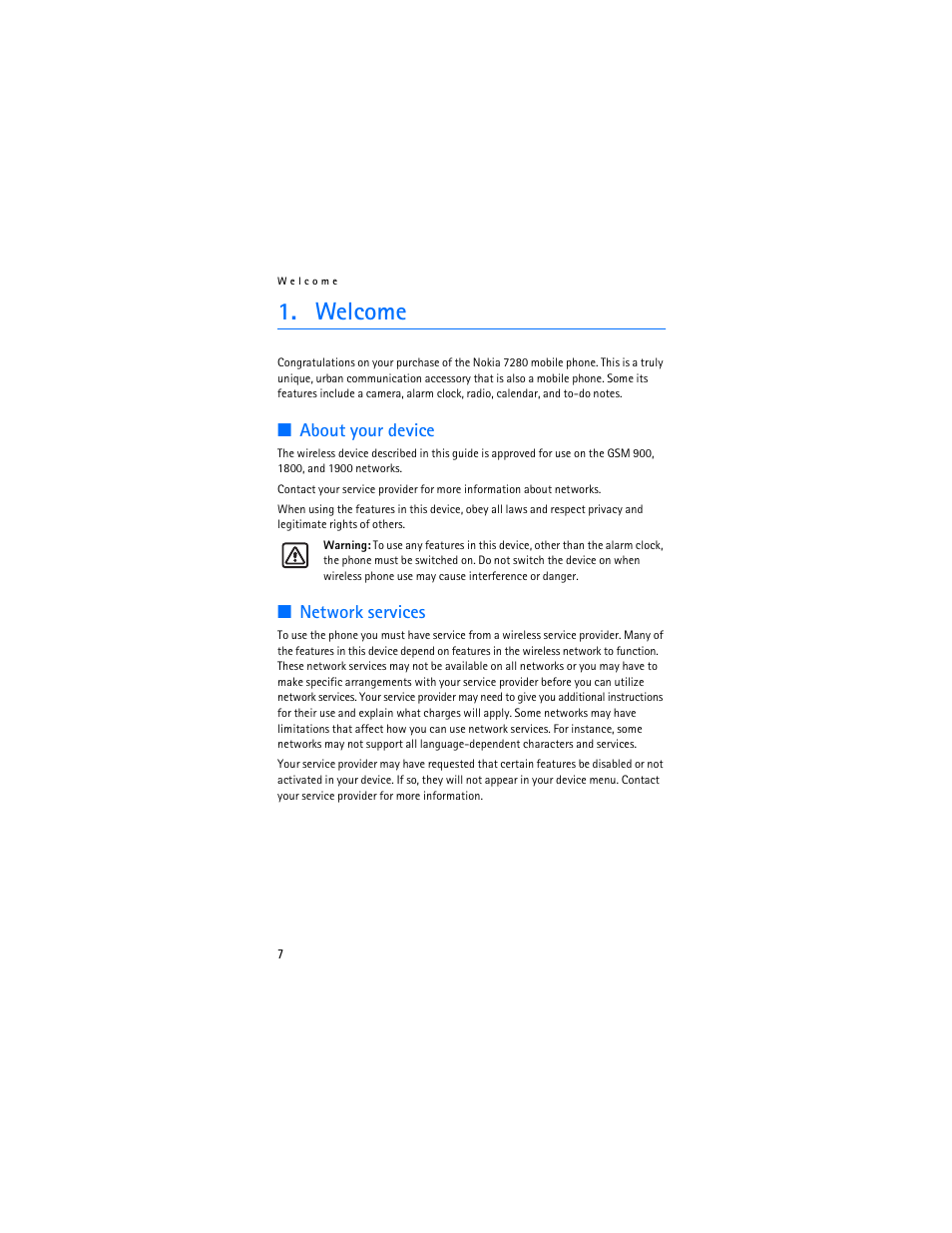 Welcome, About your device, Network services | Nokia 7280 User Manual | Page 8 / 105