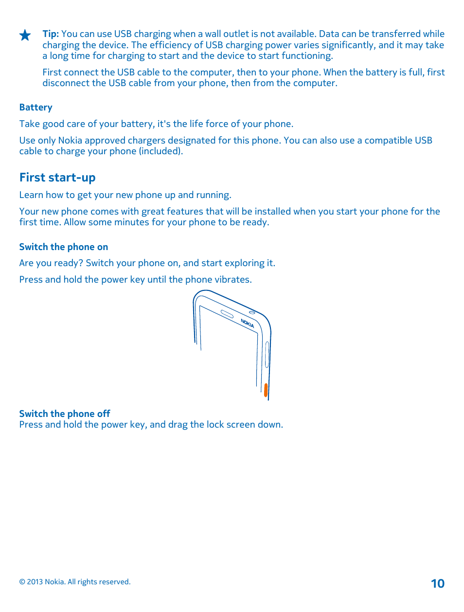 Battery, First start-up, Switch the phone on | Nokia Lumia 620 User Manual | Page 10 / 110