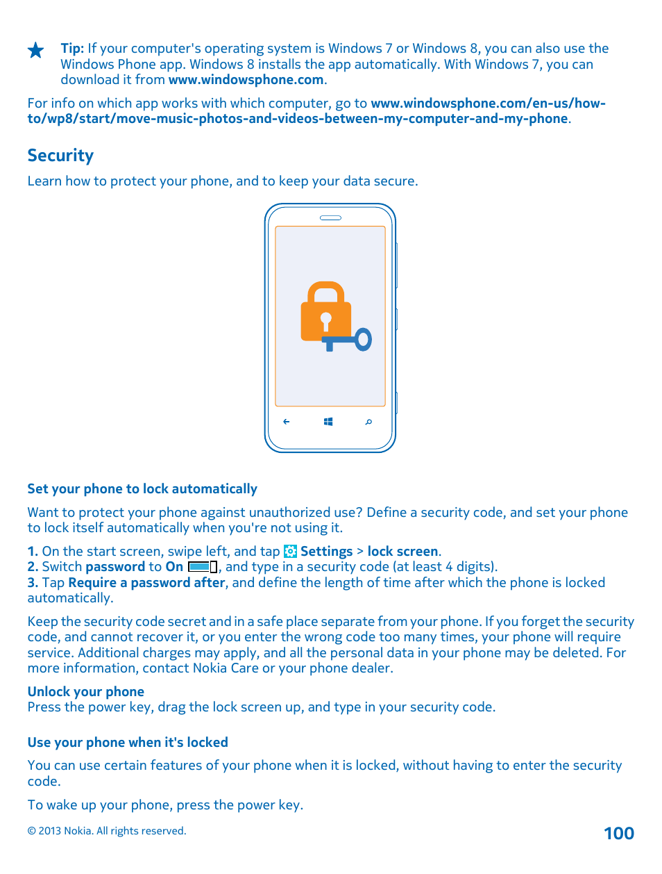 Security, Set your phone to lock automatically, Use your phone when it's locked | Security 100 | Nokia Lumia 620 User Manual | Page 100 / 110