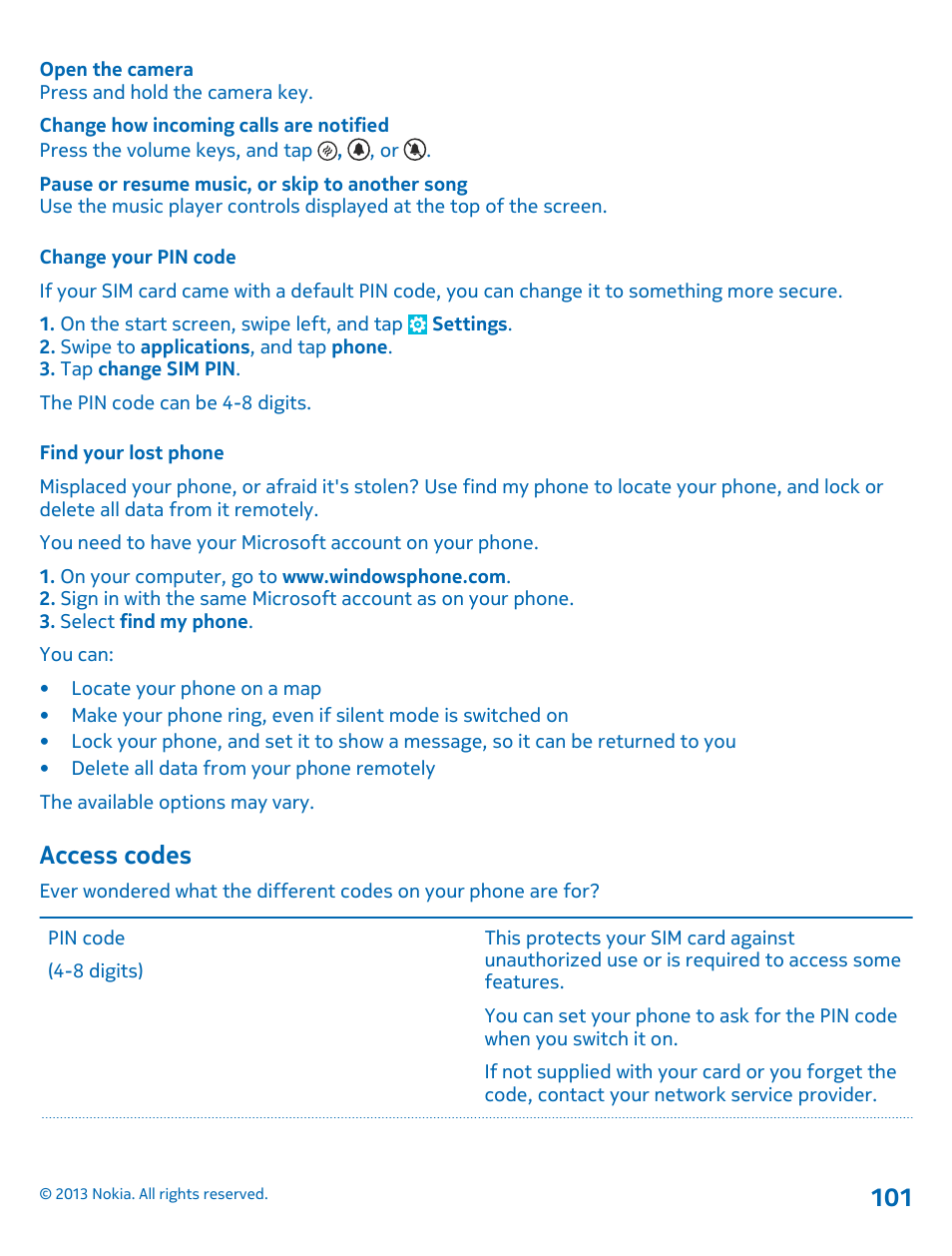 Change your pin code, Find your lost phone, Access codes | Nokia Lumia 620 User Manual | Page 101 / 110