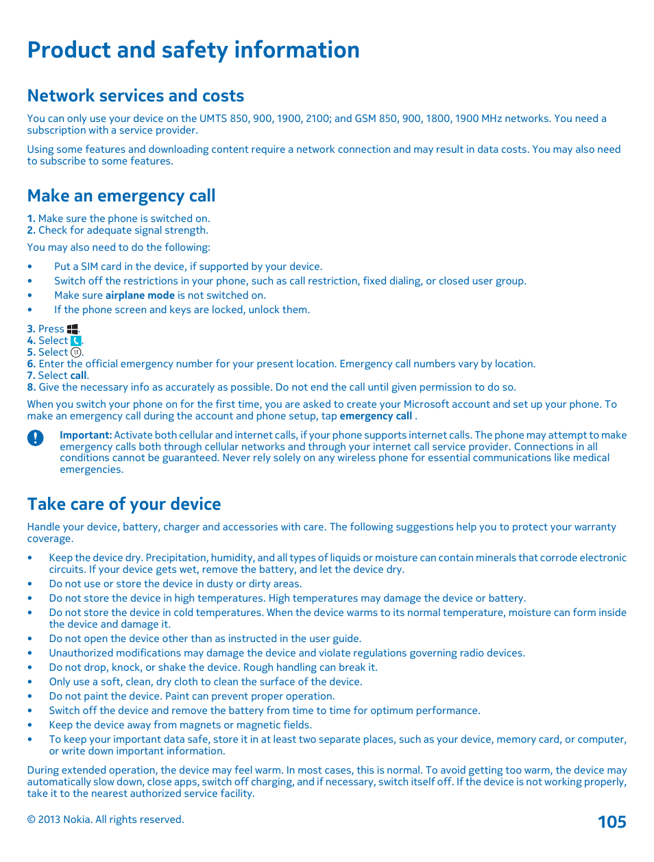 Product and safety information, Network services and costs, Make an emergency call | Take care of your device | Nokia Lumia 620 User Manual | Page 105 / 110