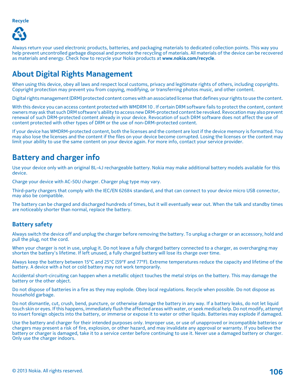 About digital rights management, Battery and charger info, Battery safety | Nokia Lumia 620 User Manual | Page 106 / 110