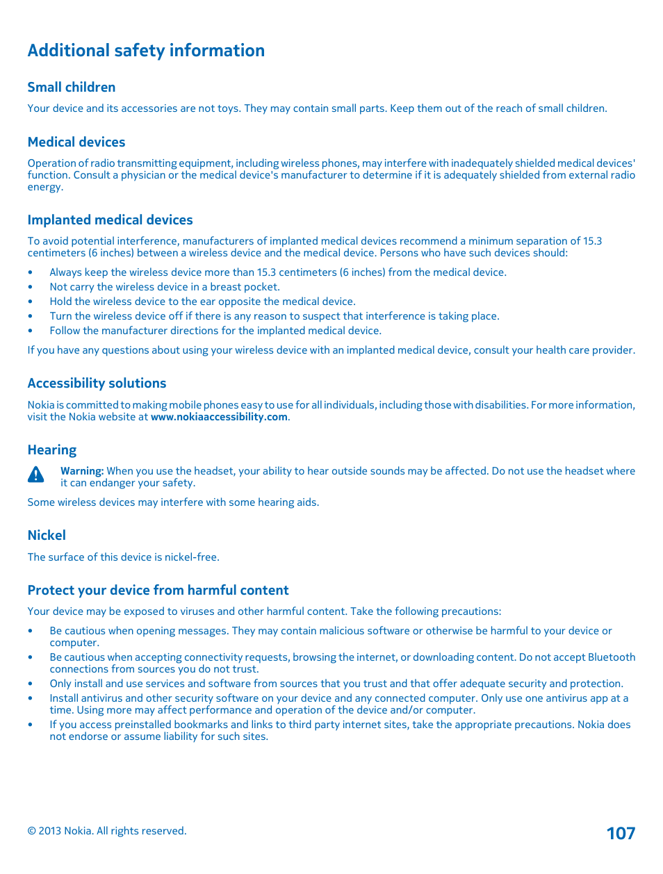 Additional safety information, Small children, Medical devices | Implanted medical devices, Accessibility solutions, Hearing, Nickel, Protect your device from harmful content | Nokia Lumia 620 User Manual | Page 107 / 110