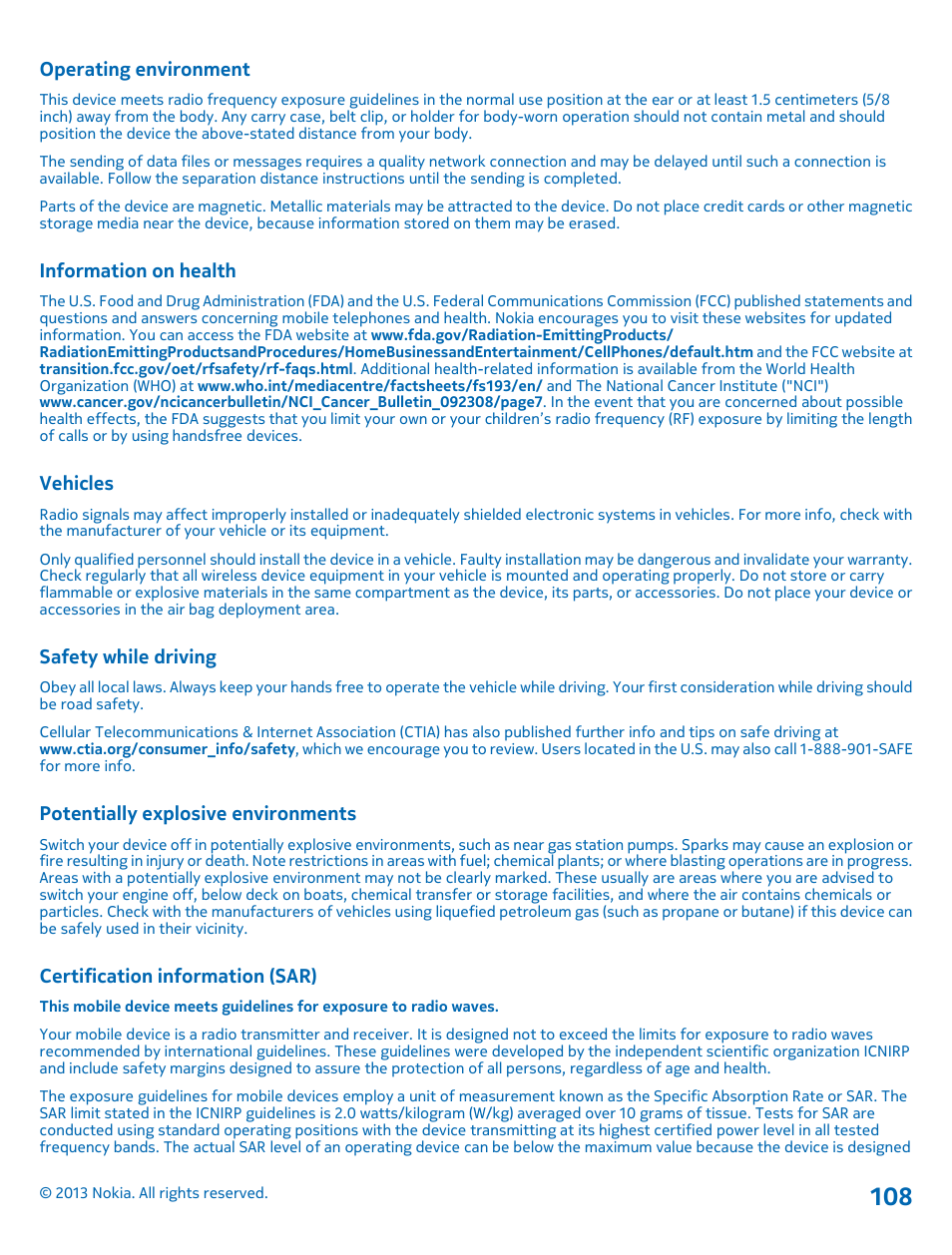 Operating environment, Information on health, Vehicles | Safety while driving, Potentially explosive environments, Certification information (sar) | Nokia Lumia 620 User Manual | Page 108 / 110