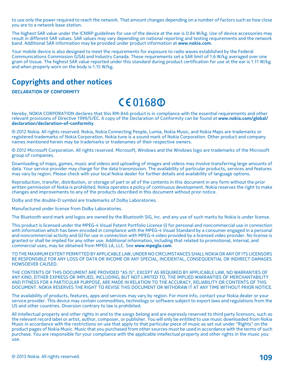 Copyrights and other notices | Nokia Lumia 620 User Manual | Page 109 / 110