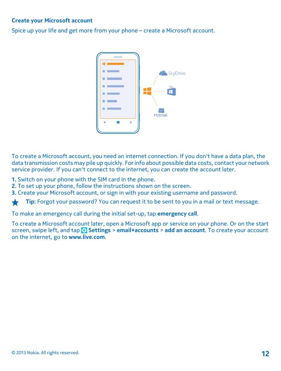 Create your microsoft account | Nokia Lumia 620 User Manual | Page 12 / 110