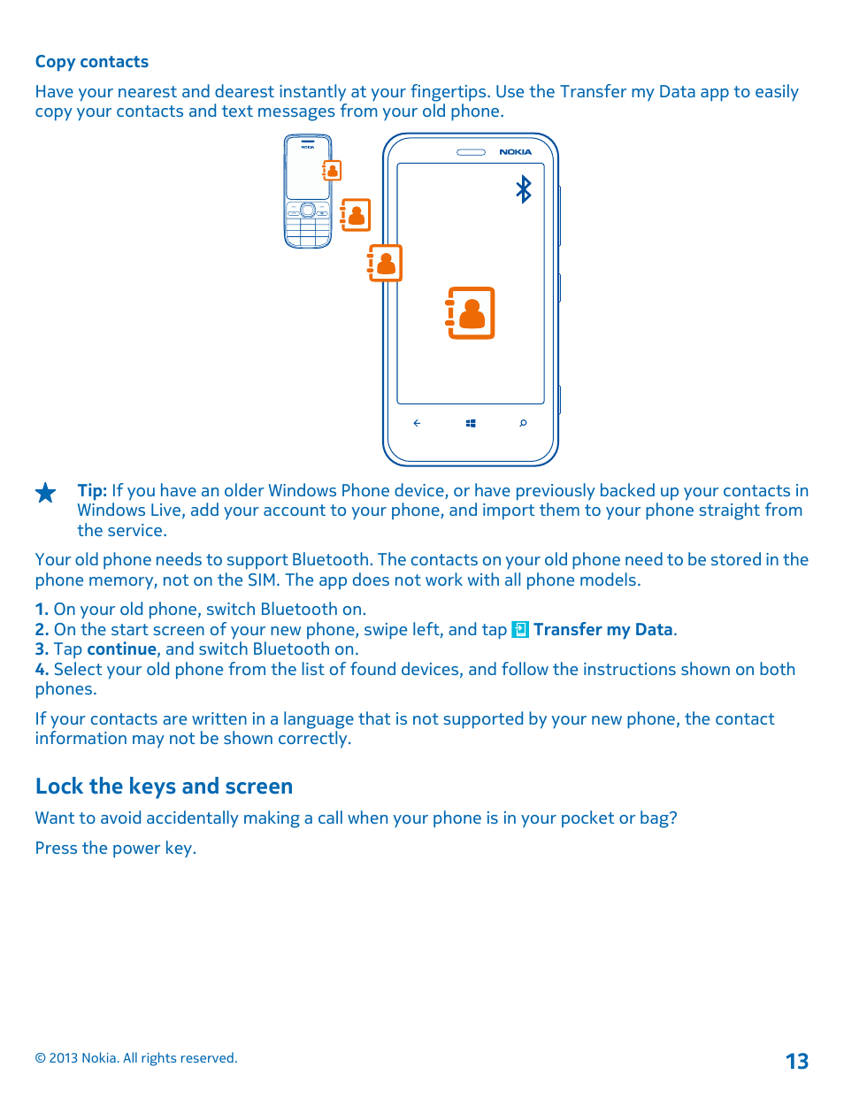 Copy contacts, Lock the keys and screen | Nokia Lumia 620 User Manual | Page 13 / 110