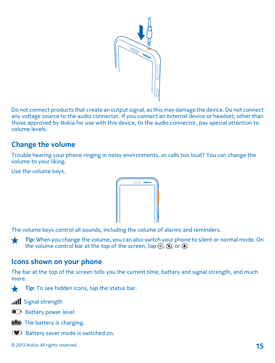 Change the volume, Icons shown on your phone | Nokia Lumia 620 User Manual | Page 15 / 110