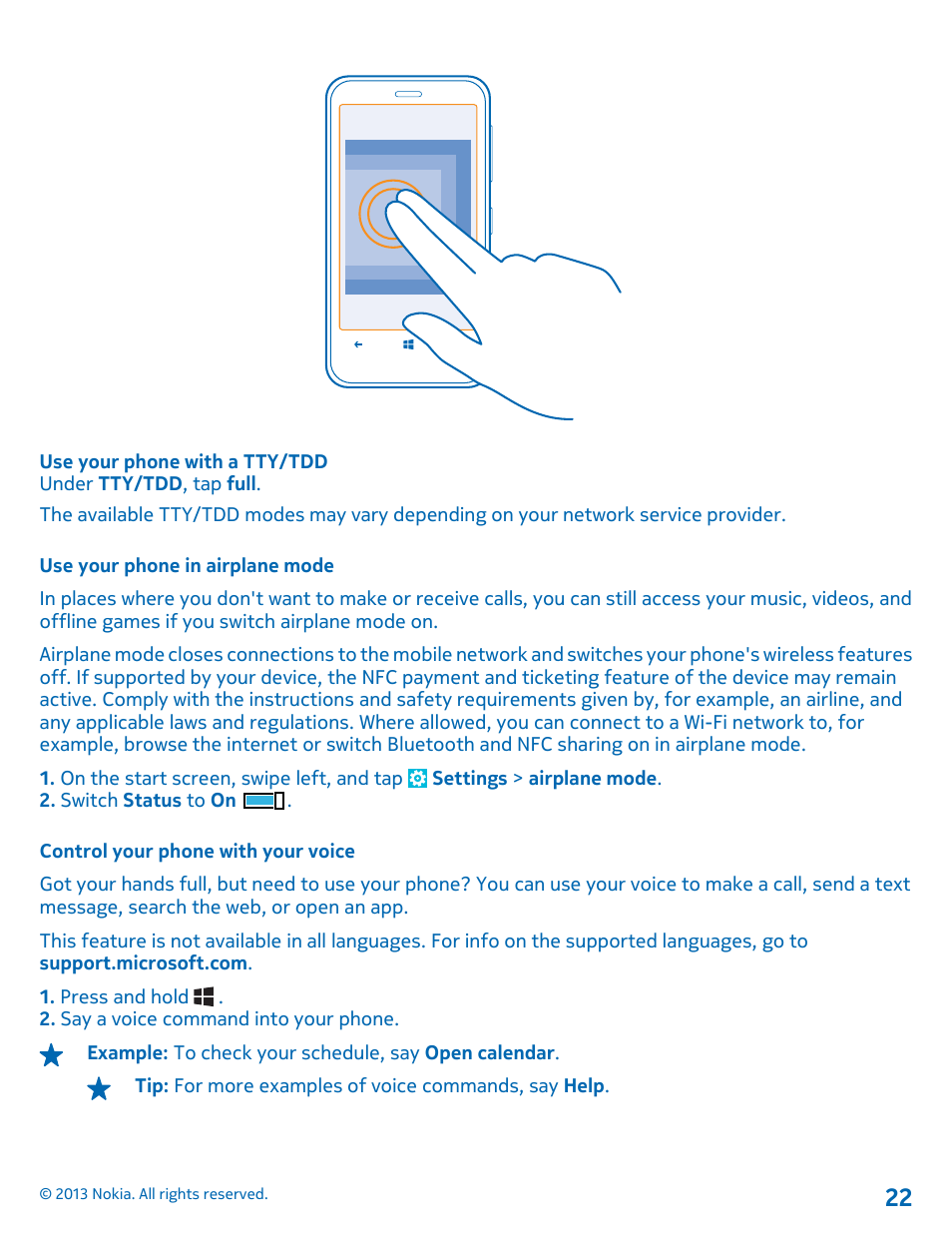 Use your phone in airplane mode, Control your phone with your voice | Nokia Lumia 620 User Manual | Page 22 / 110