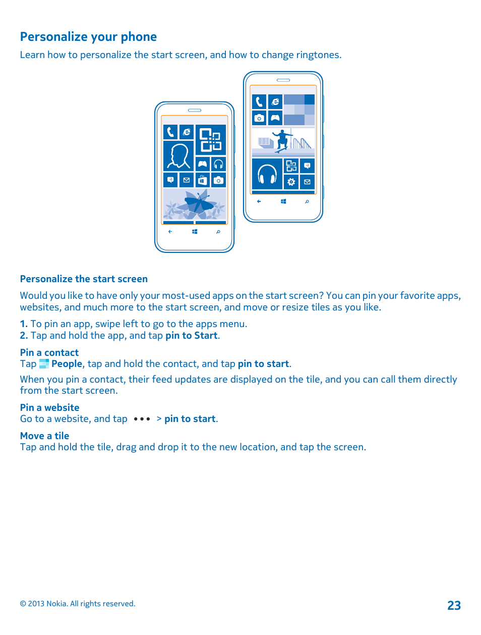 Personalize your phone, Personalize the start screen | Nokia Lumia 620 User Manual | Page 23 / 110