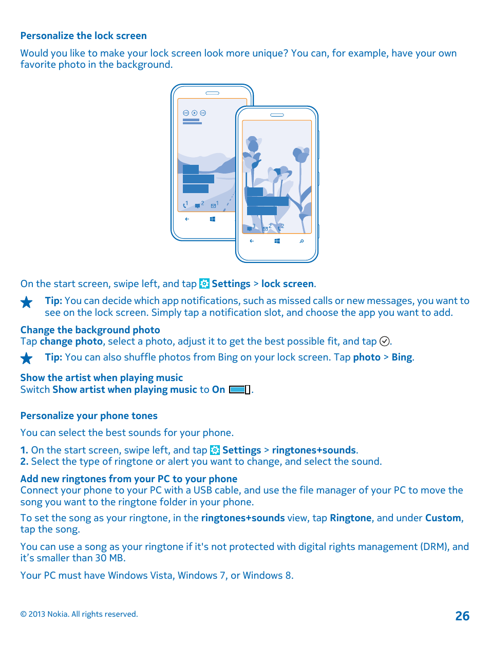 Personalize the lock screen, Personalize your phone tones | Nokia Lumia 620 User Manual | Page 26 / 110