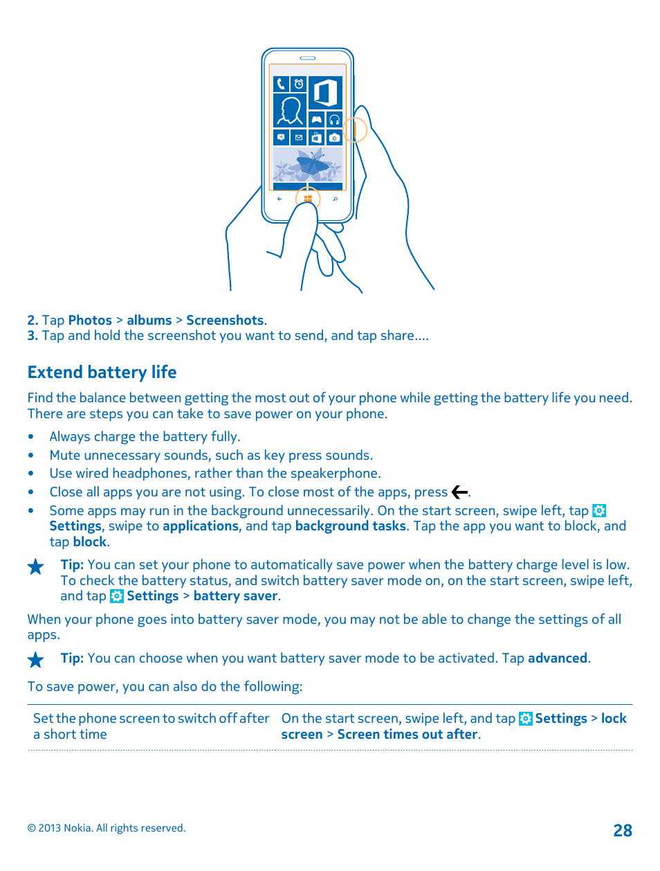 Extend battery life | Nokia Lumia 620 User Manual | Page 28 / 110