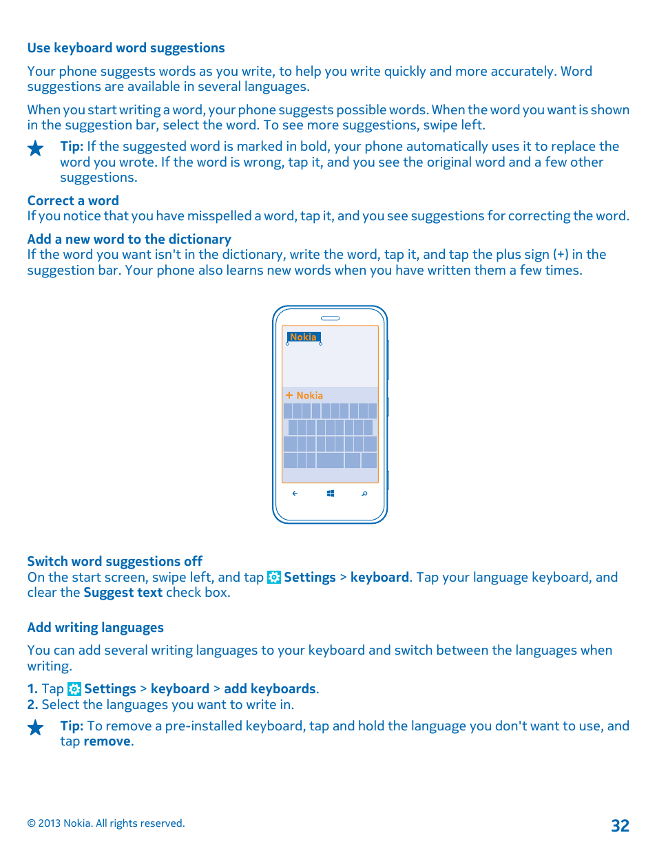 Use keyboard word suggestions, Add writing languages | Nokia Lumia 620 User Manual | Page 32 / 110