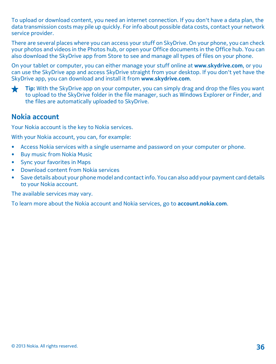 Nokia account | Nokia Lumia 620 User Manual | Page 36 / 110