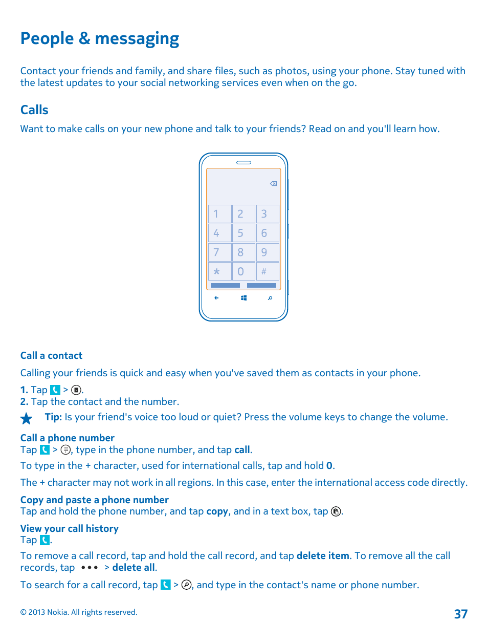 People & messaging, Calls, Call a contact | Calls 37 | Nokia Lumia 620 User Manual | Page 37 / 110