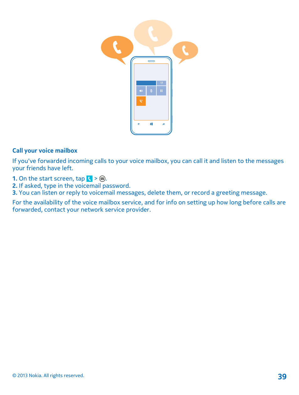 Call your voice mailbox | Nokia Lumia 620 User Manual | Page 39 / 110