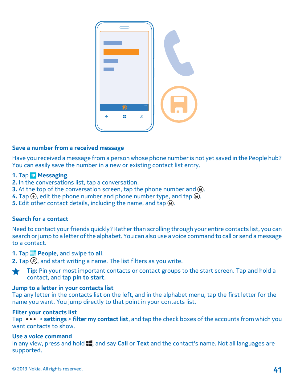 Save a number from a received message, Search for a contact | Nokia Lumia 620 User Manual | Page 41 / 110