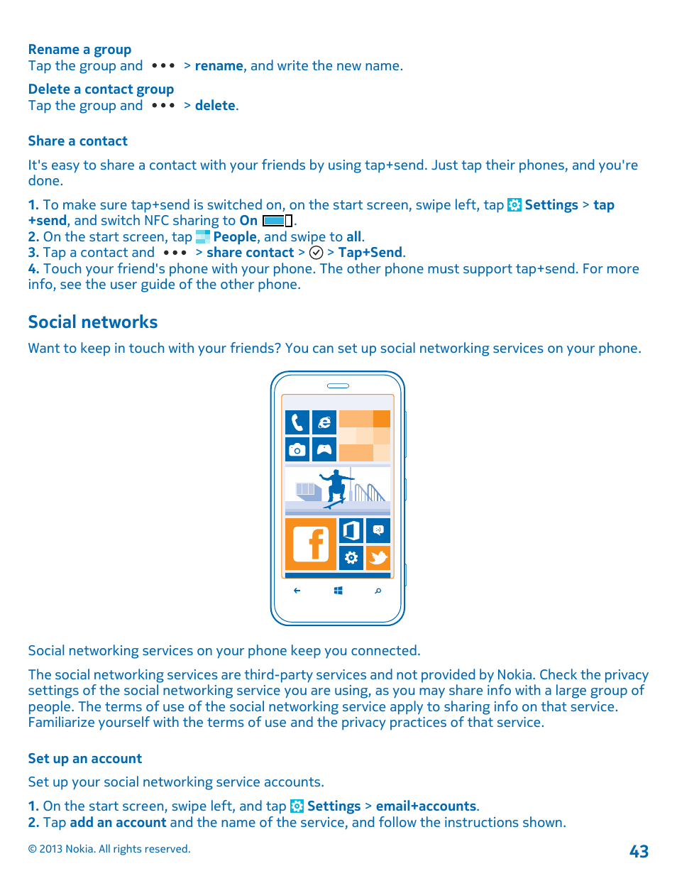 Share a contact, Social networks, Set up an account | Nokia Lumia 620 User Manual | Page 43 / 110