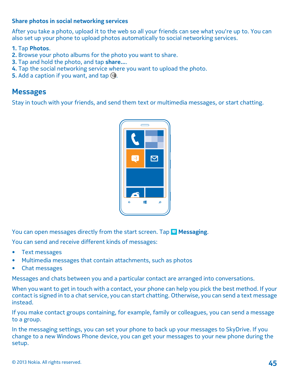 Share photos in social networking services, Messages, Messages 45 | Nokia Lumia 620 User Manual | Page 45 / 110