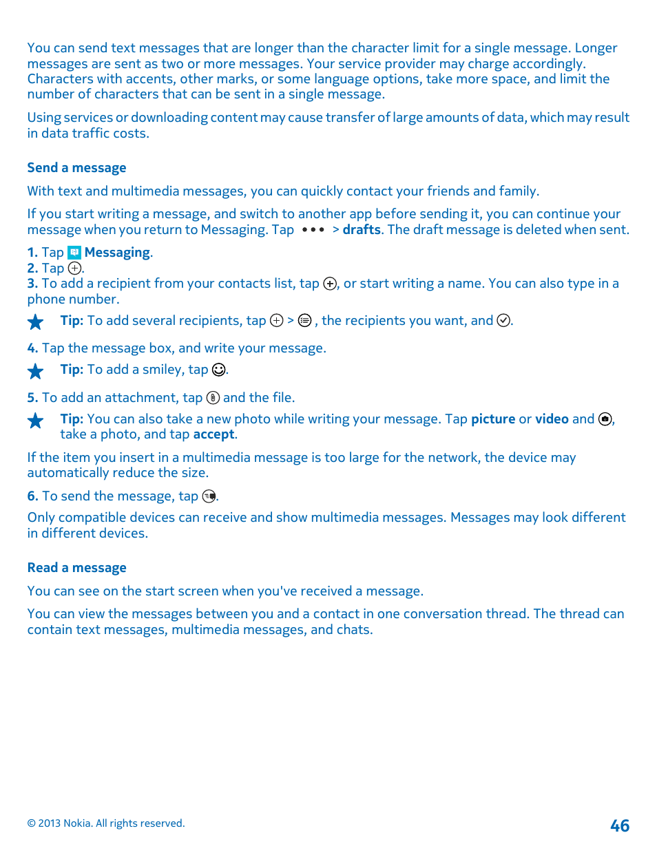 Send a message, Read a message | Nokia Lumia 620 User Manual | Page 46 / 110