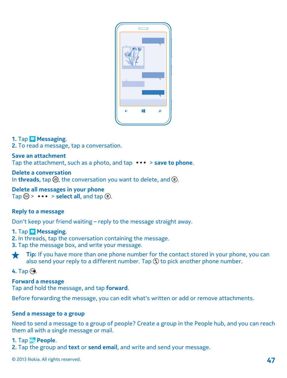 Reply to a message, Send a message to a group | Nokia Lumia 620 User Manual | Page 47 / 110