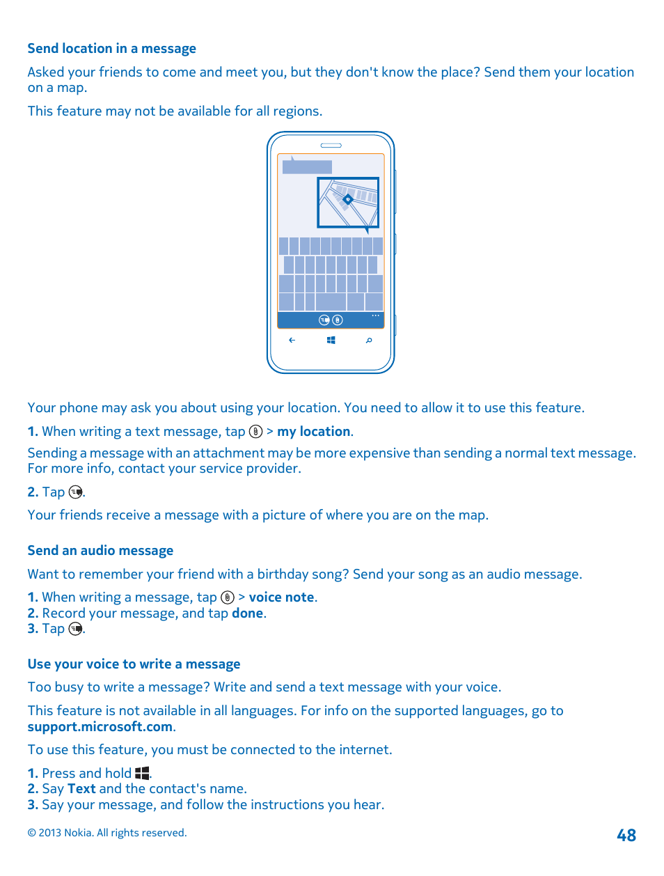 Send location in a message, Send an audio message, Use your voice to write a message | Nokia Lumia 620 User Manual | Page 48 / 110