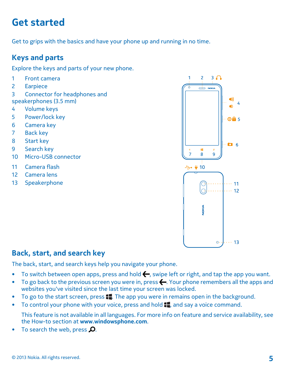 Get started, Keys and parts, Back, start, and search key | Nokia Lumia 620 User Manual | Page 5 / 110