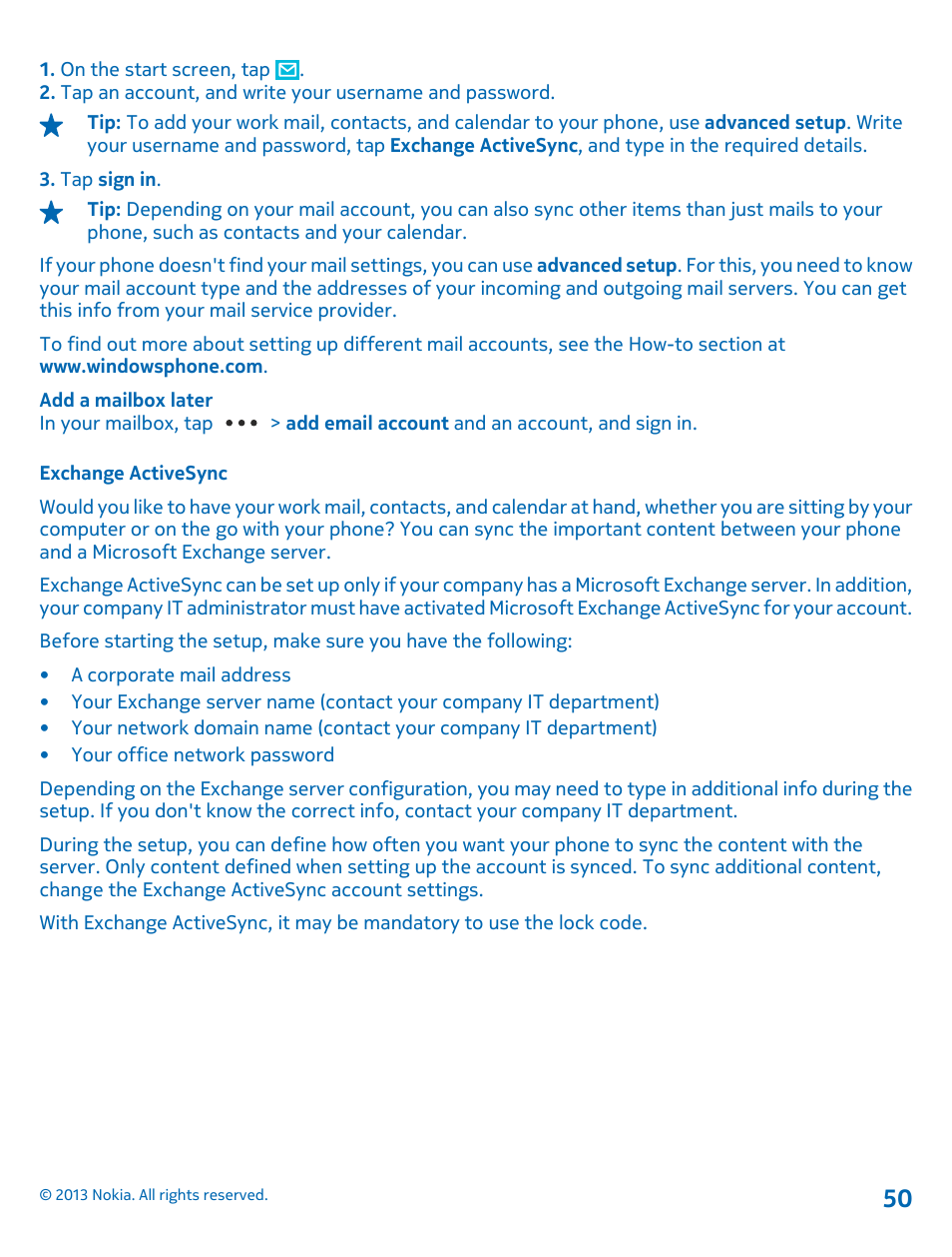 Exchange activesync | Nokia Lumia 620 User Manual | Page 50 / 110