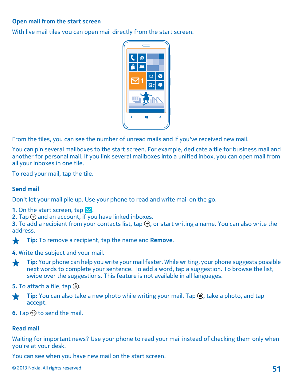 Open mail from the start screen, Send mail, Read mail | Nokia Lumia 620 User Manual | Page 51 / 110