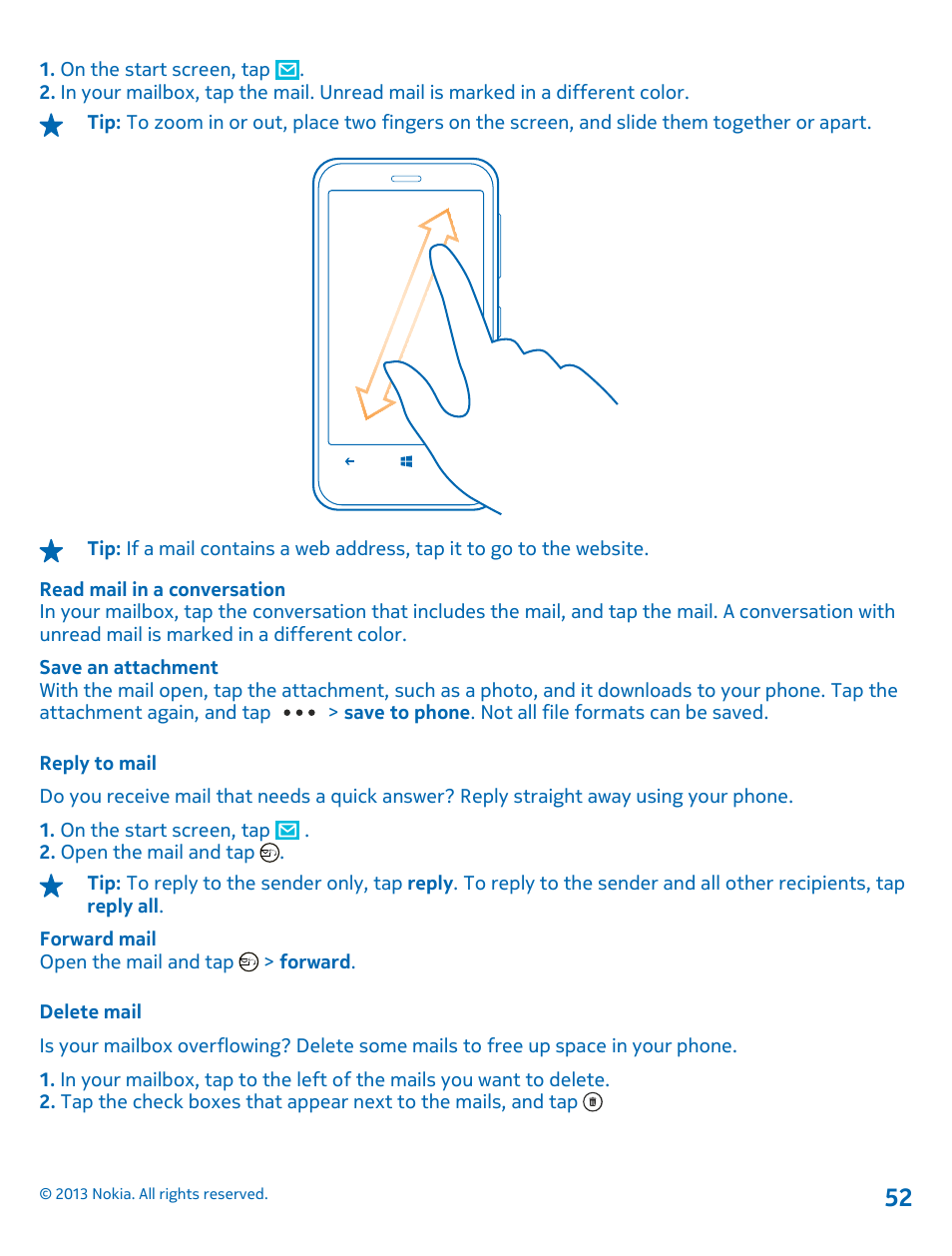 Reply to mail, Delete mail | Nokia Lumia 620 User Manual | Page 52 / 110