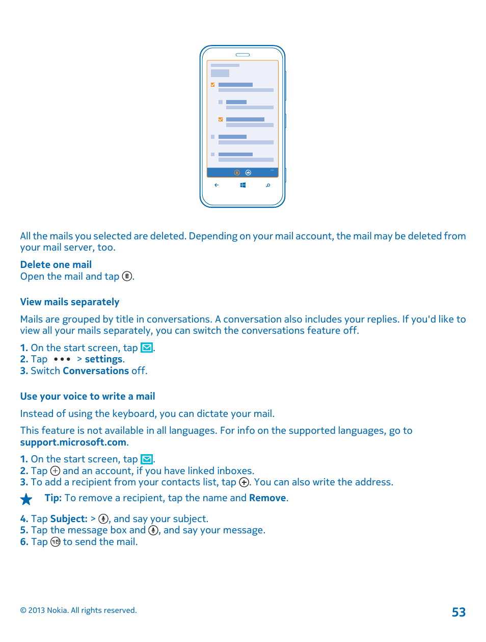 View mails separately, Use your voice to write a mail | Nokia Lumia 620 User Manual | Page 53 / 110