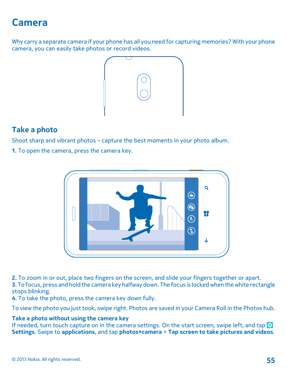 Camera, Take a photo, Camera 55 take a photo | Nokia Lumia 620 User Manual | Page 55 / 110