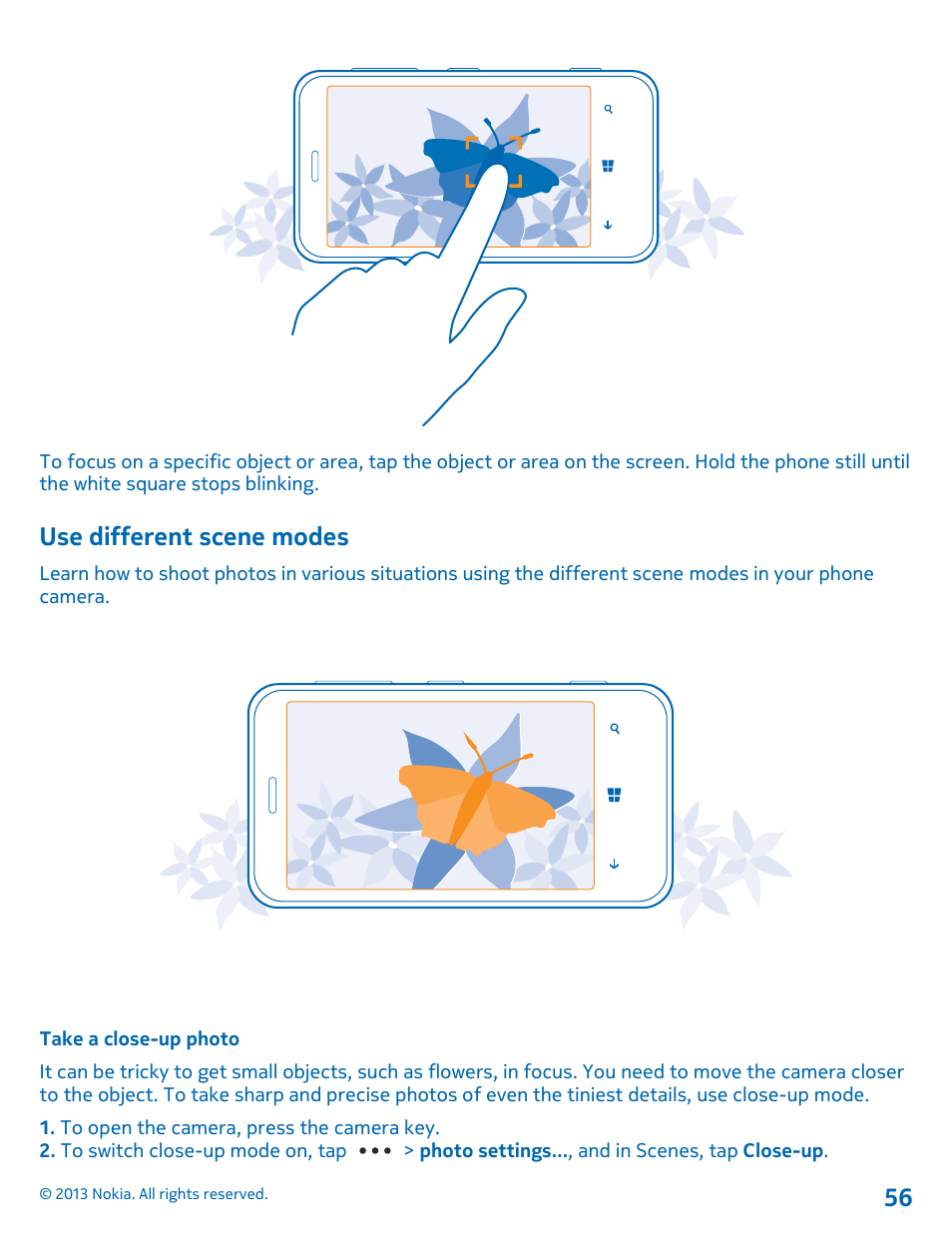 Use different scene modes, Take a close-up photo | Nokia Lumia 620 User Manual | Page 56 / 110