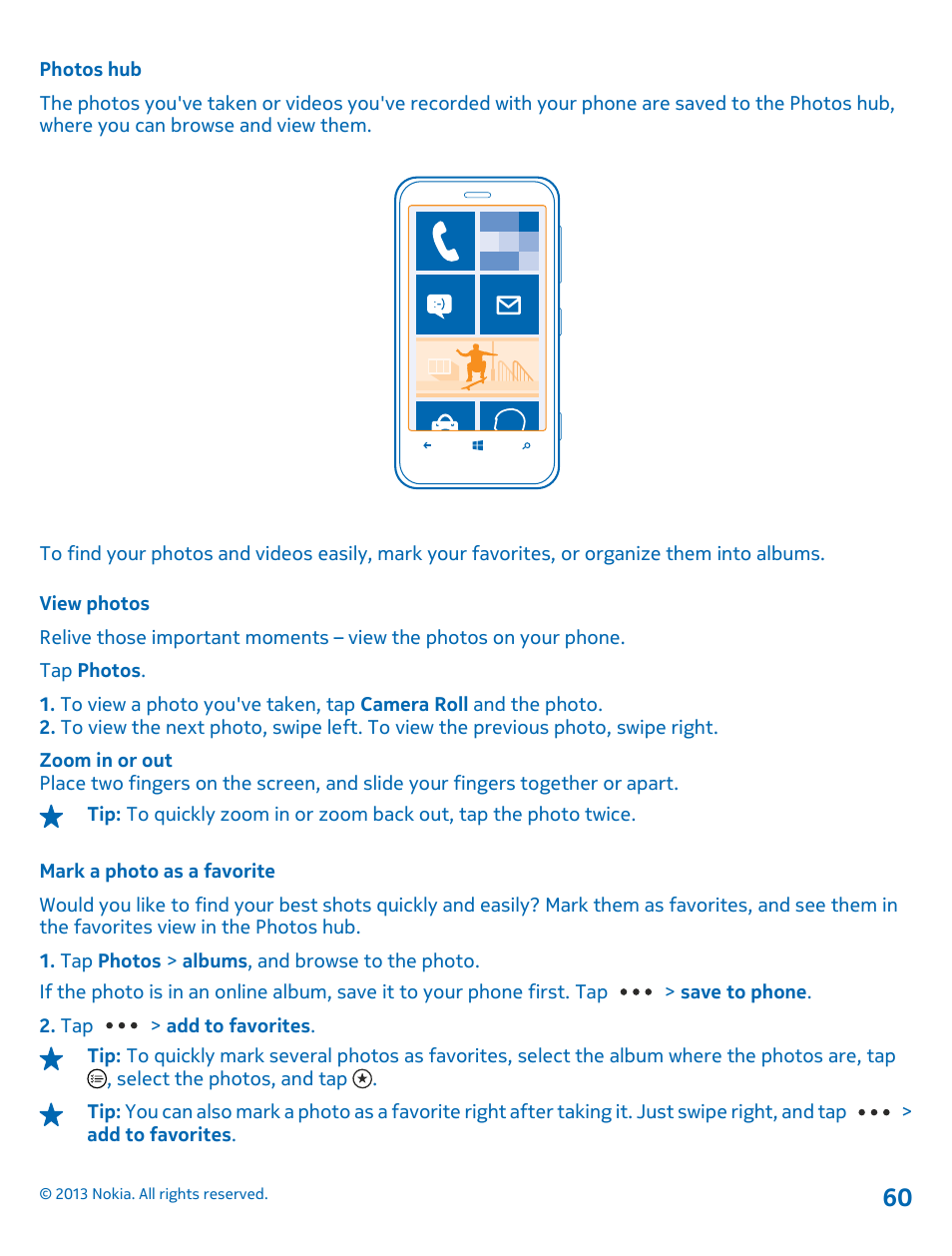 Photos hub, View photos, Mark a photo as a favorite | Nokia Lumia 620 User Manual | Page 60 / 110