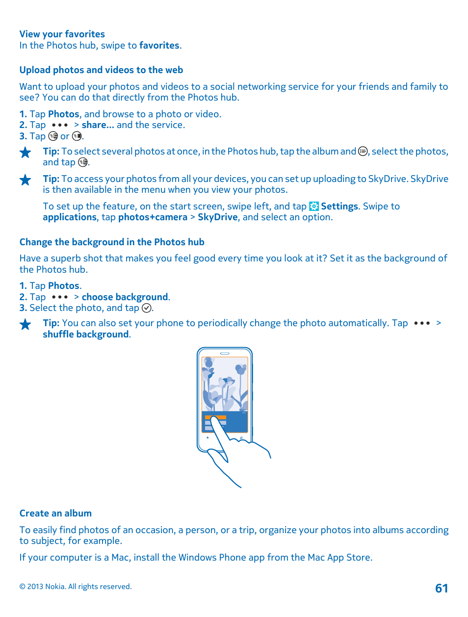 Upload photos and videos to the web, Change the background in the photos hub, Create an album | Nokia Lumia 620 User Manual | Page 61 / 110