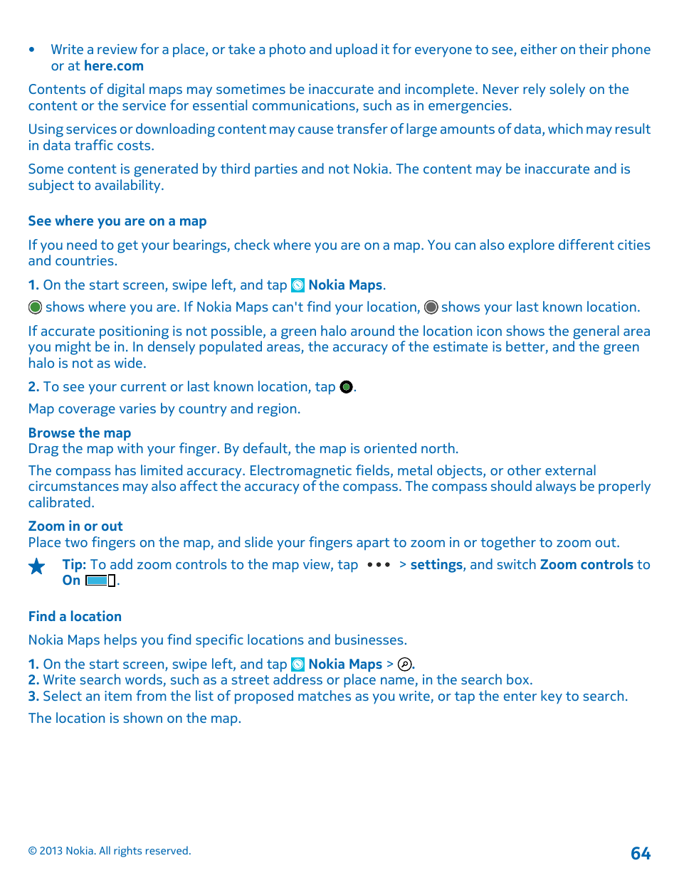 See where you are on a map, Find a location | Nokia Lumia 620 User Manual | Page 64 / 110