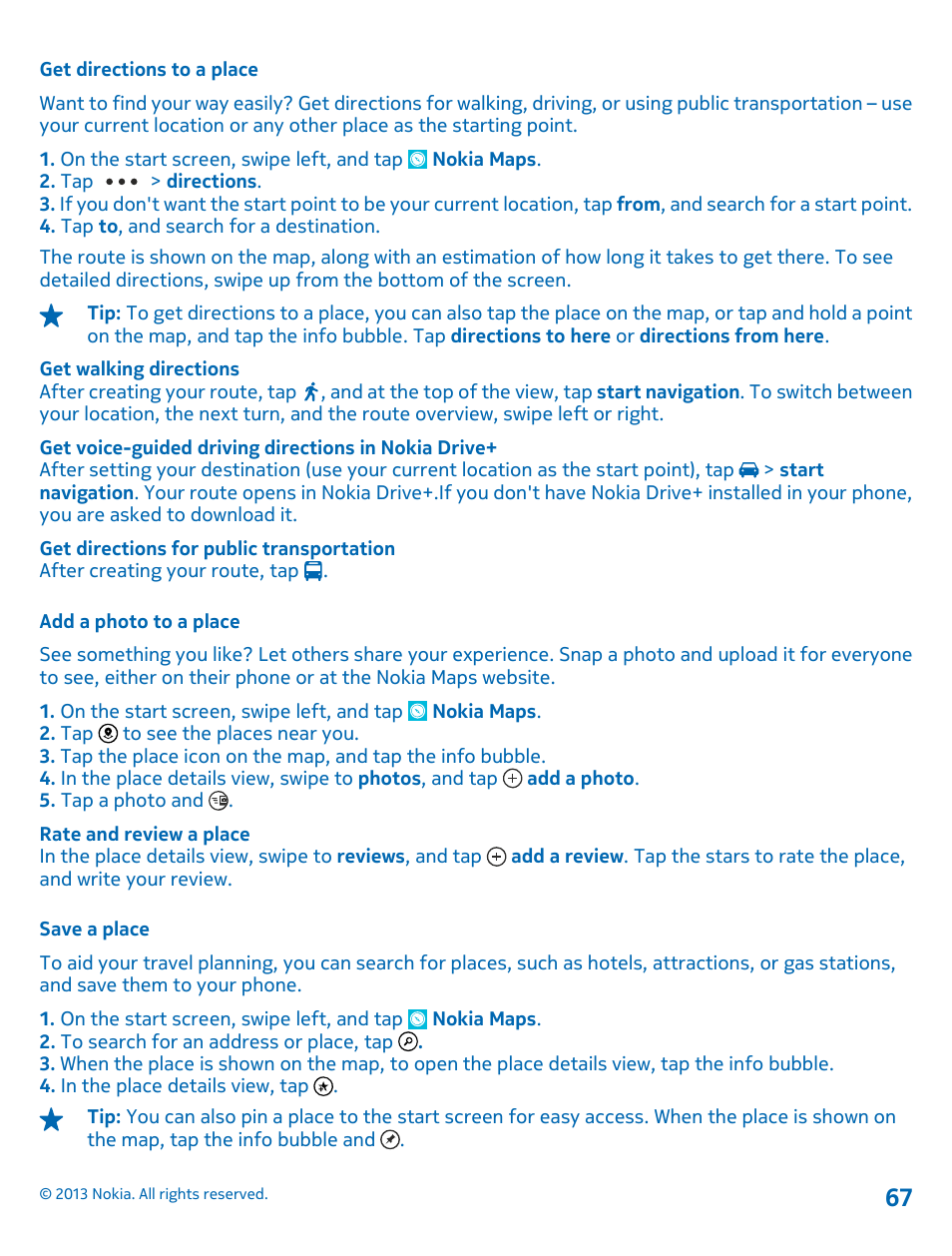 Get directions to a place, Add a photo to a place, Save a place | Nokia Lumia 620 User Manual | Page 67 / 110