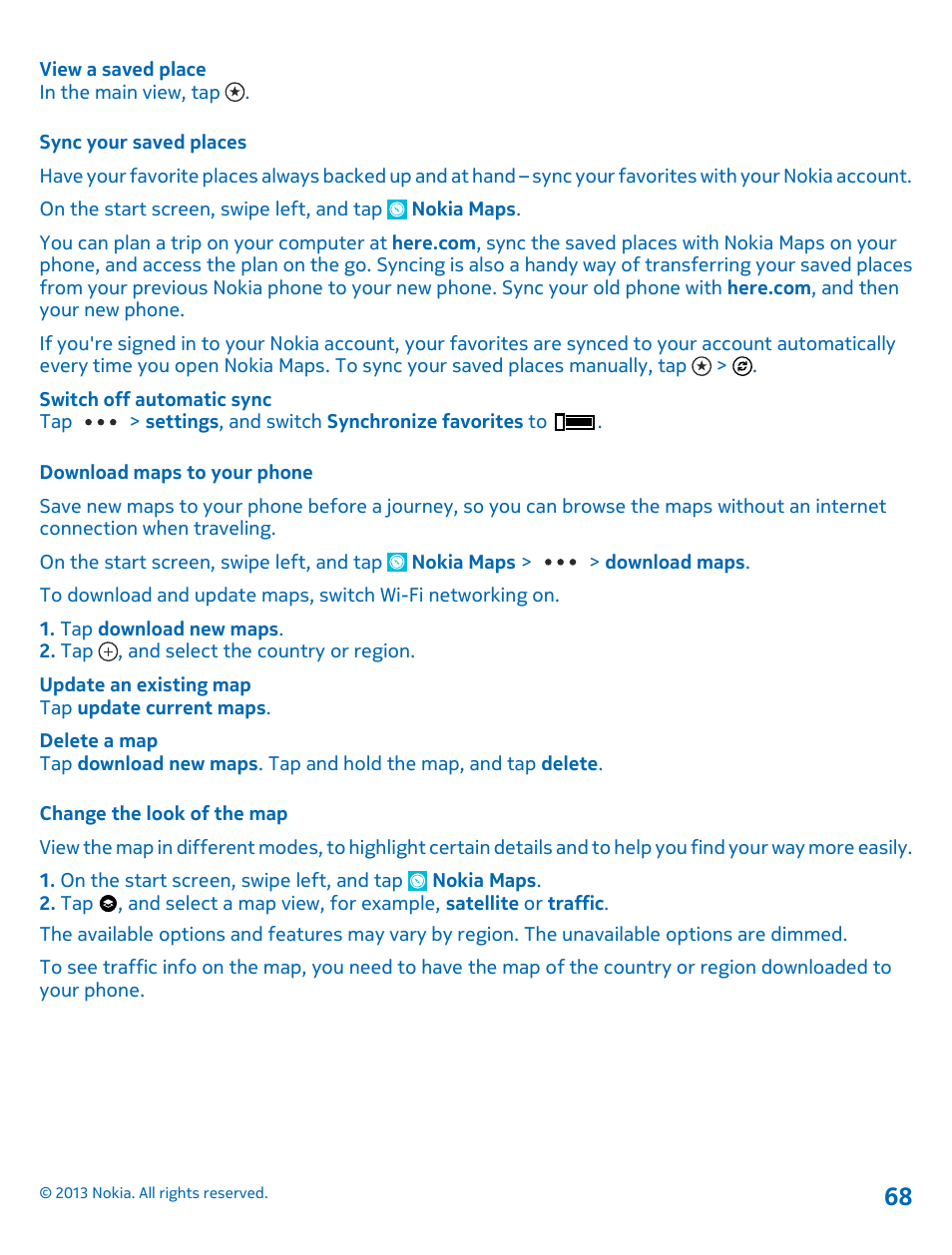 Sync your saved places, Download maps to your phone, Change the look of the map | Nokia Lumia 620 User Manual | Page 68 / 110