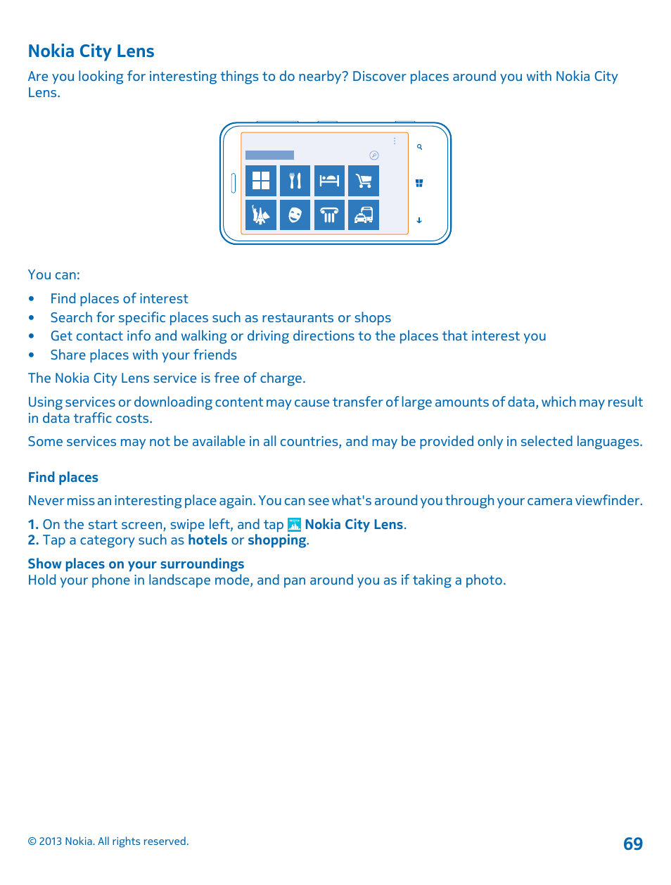 Nokia city lens, Find places | Nokia Lumia 620 User Manual | Page 69 / 110