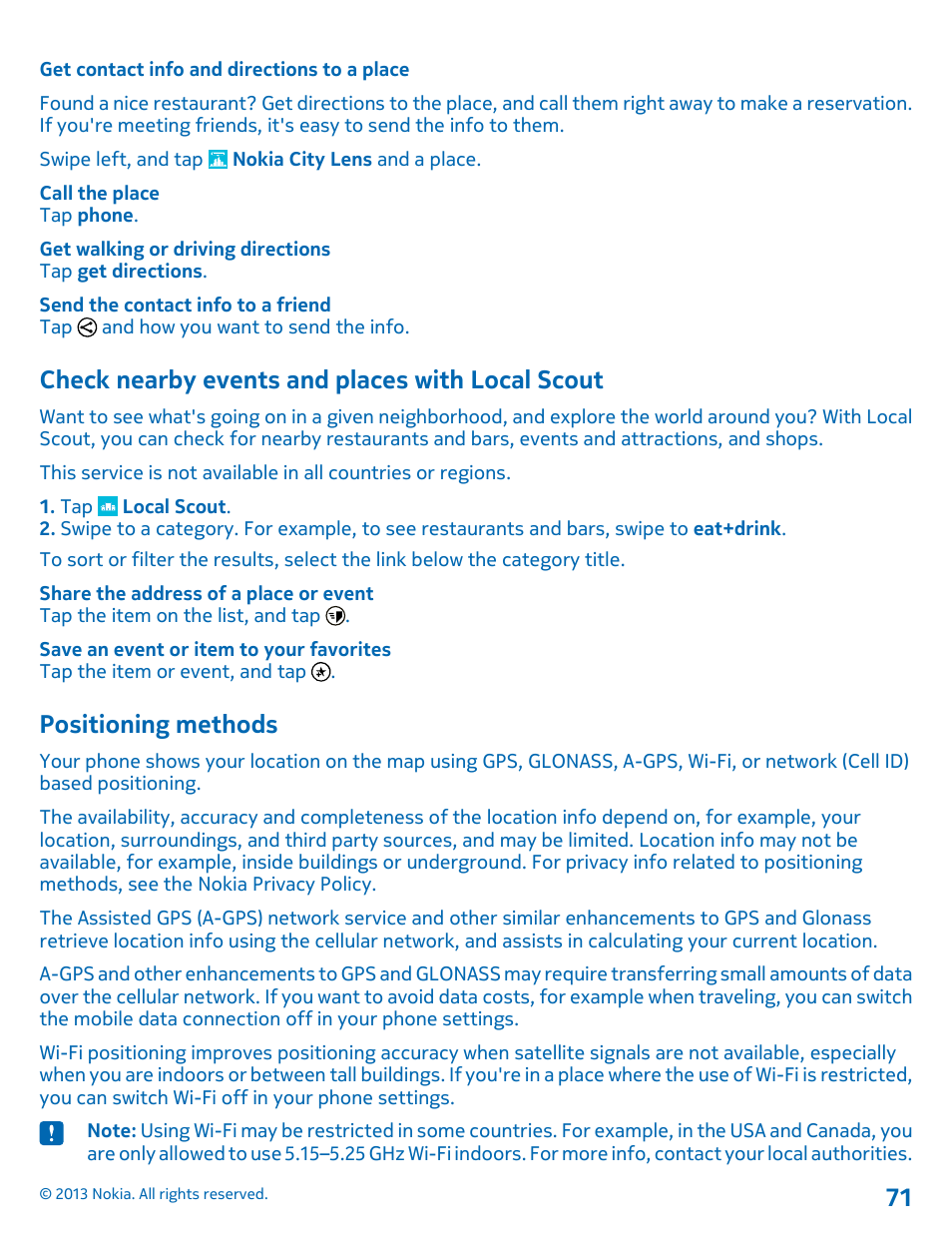 Get contact info and directions to a place, Check nearby events and places with local scout, Positioning methods | Check nearby events and places with, Local scout | Nokia Lumia 620 User Manual | Page 71 / 110