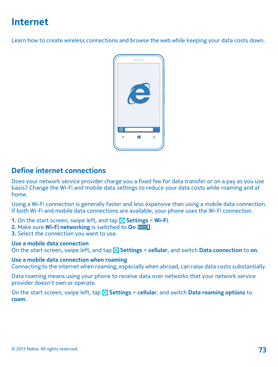 Internet, Define internet connections, Internet 73 define internet connections | Nokia Lumia 620 User Manual | Page 73 / 110